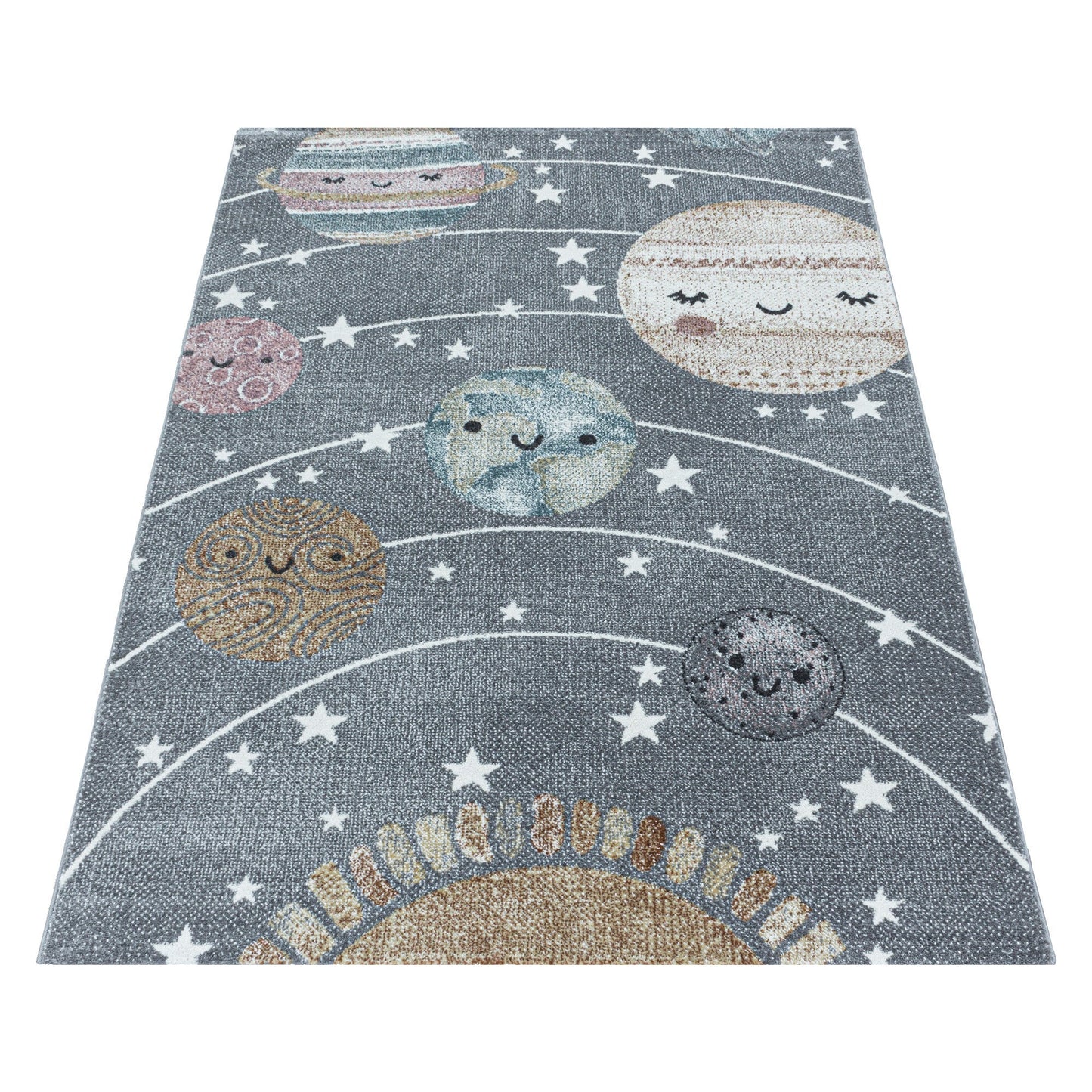 Kurzflor Kinderteppich Planet Weltall Sonne Mond Kinderzimmer Teppich Grau