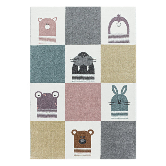 Kurzflor Kinderteppich Design Walross Hase Bär Kinderzimmer Teppich Mehrfarbig