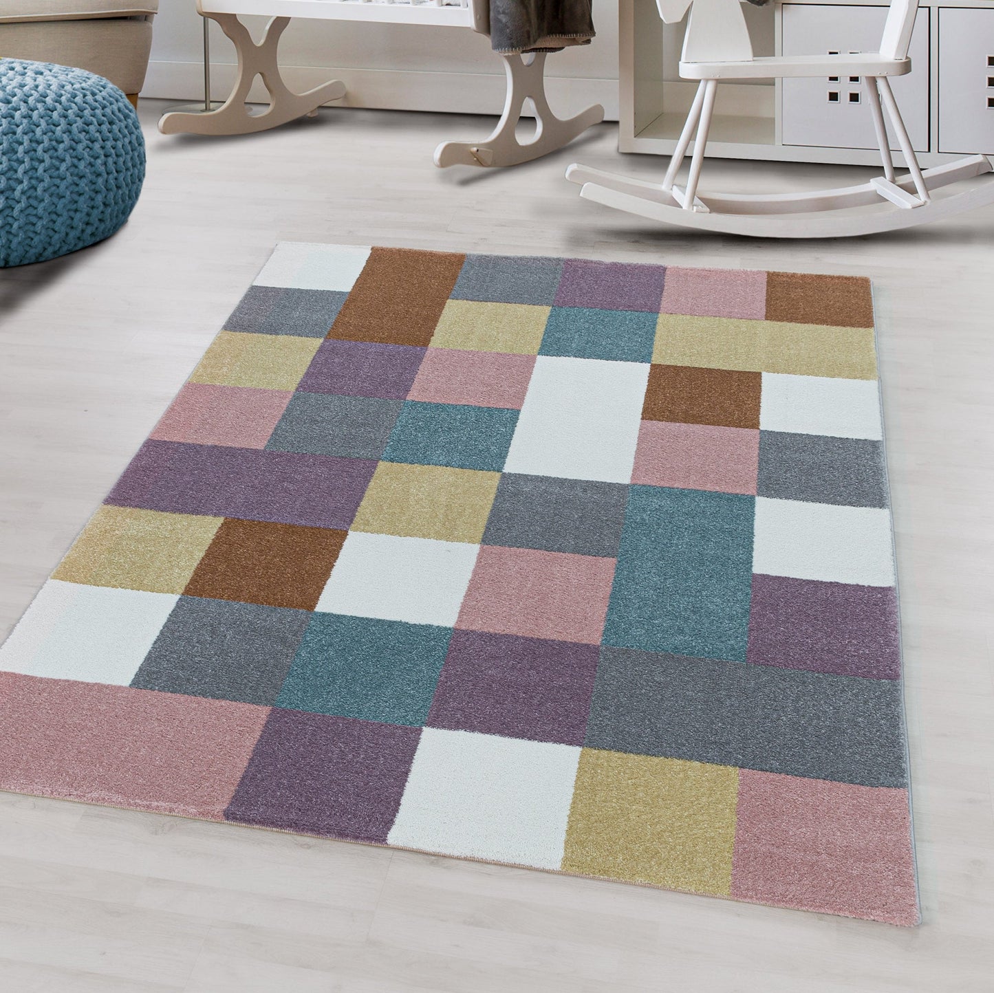 Kurzflor Kinderteppich Design Bunte Kacheln Kinderzimmerteppich Weich Mehrfarbig