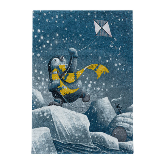 Kurzflor Kinderteppich Design Blau Pinguin Iglu Kinderzimmerteppich Weich