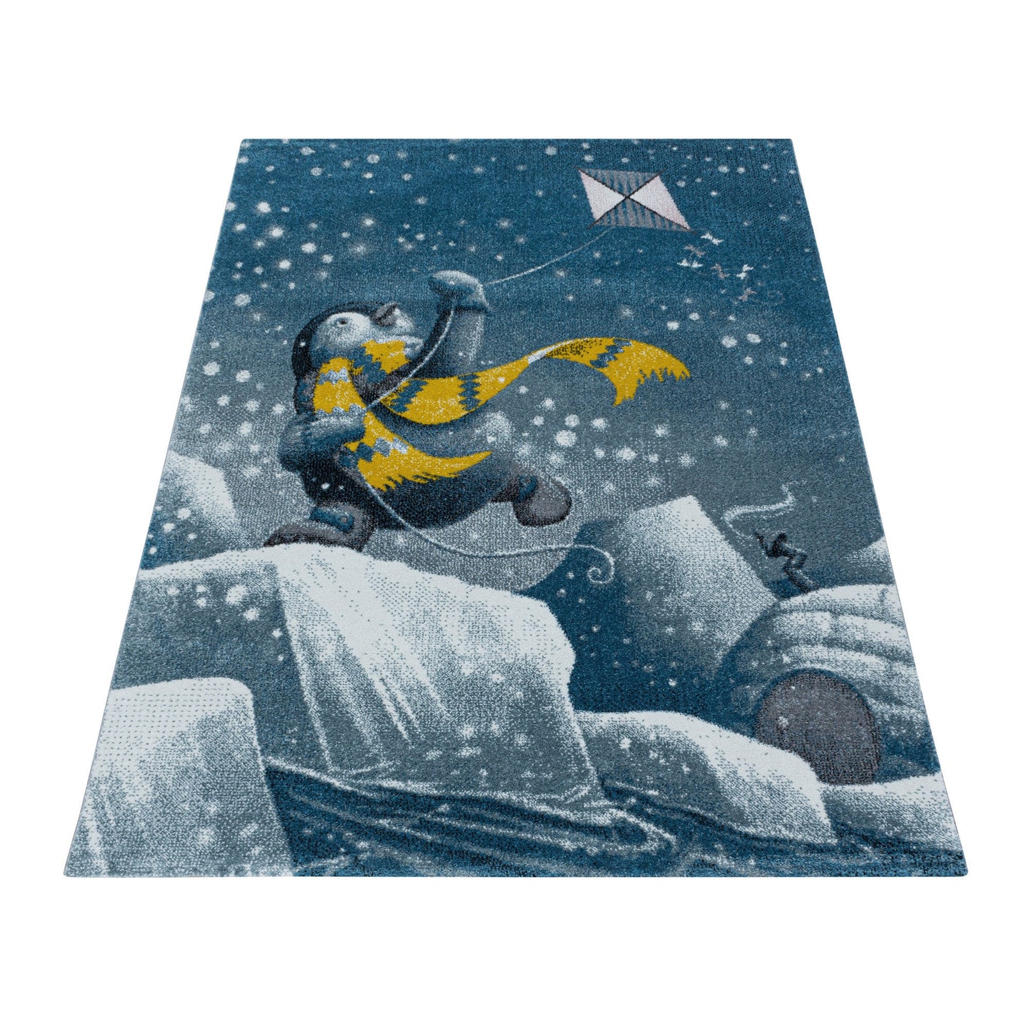 Kurzflor Kinderteppich Design Blau Pinguin Iglu Kinderzimmerteppich Weich