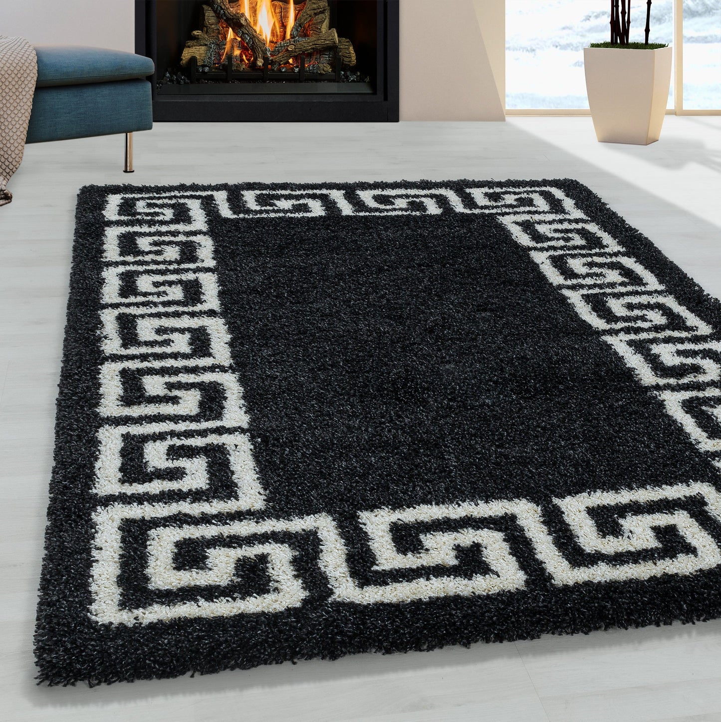 Wohnzimmerteppich Design Hochflor Teppich Muster Antike Bordüre Farbe Anthrazit