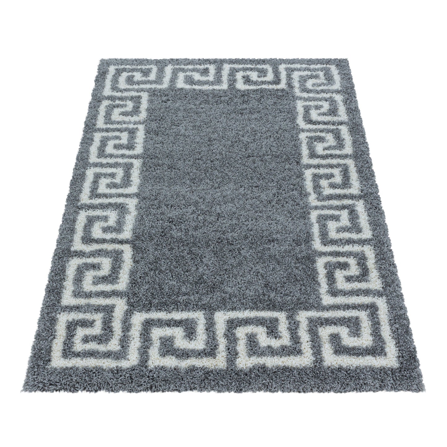 Wohnzimmerteppich Design Hochflor Teppich Muster Antike Bordüre Farbe Grau