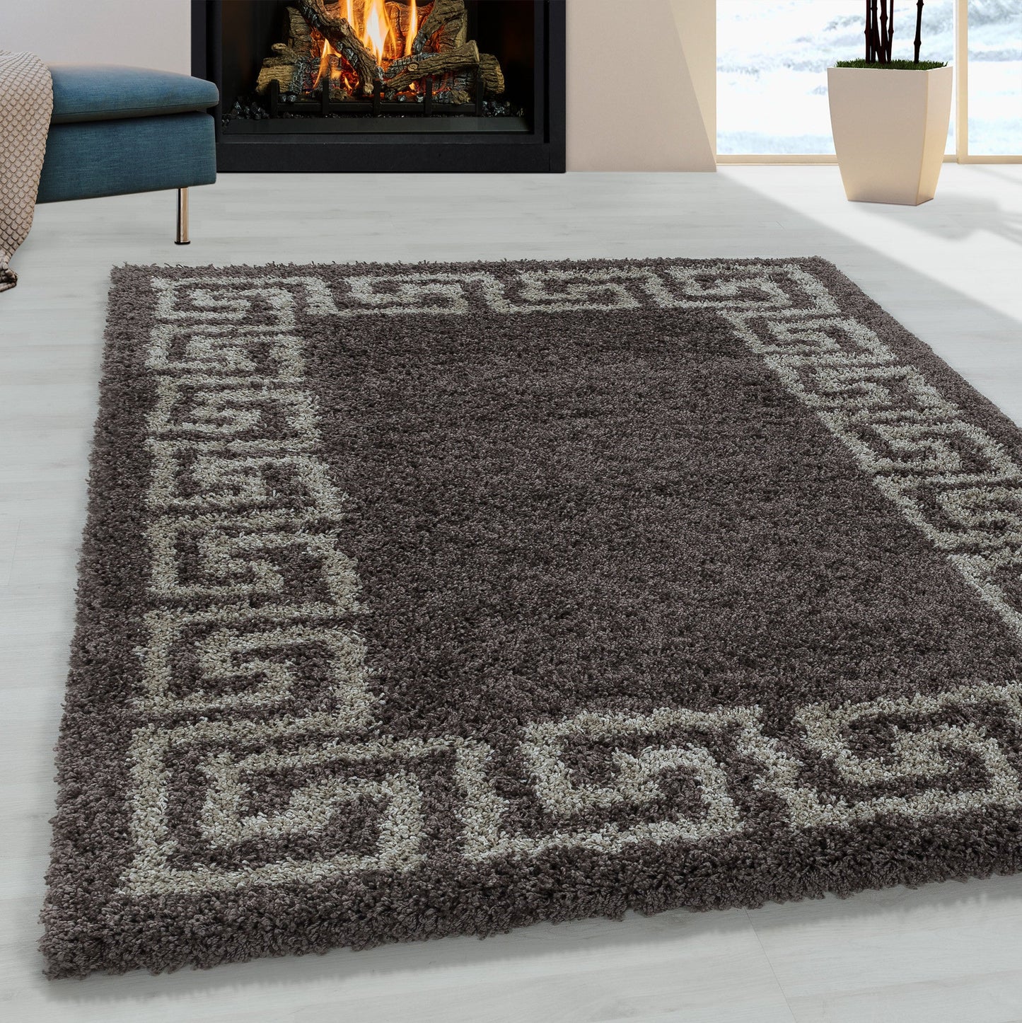 Wohnzimmerteppich Design Hochflor Teppich Muster Antike Bordüre Farbe Taupe