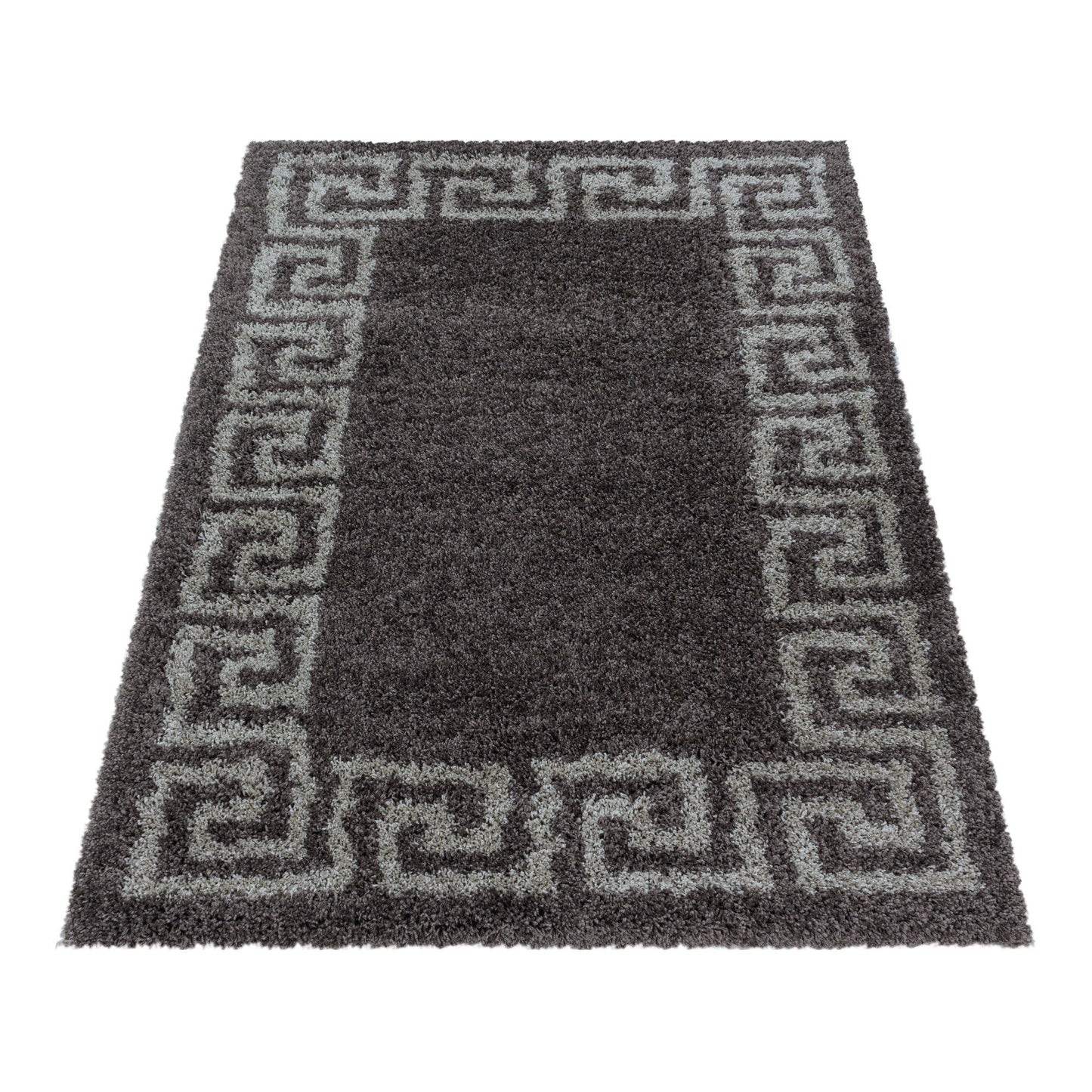 Wohnzimmerteppich Design Hochflor Teppich Muster Antike Bordüre Farbe Taupe
