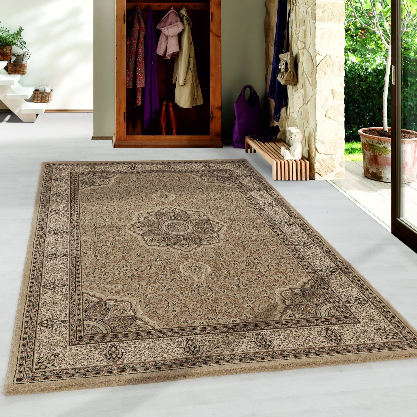 Wohnzimmer Teppich Kurzflor Design Orient Teppich Klassik Ornament Bordüre Beige