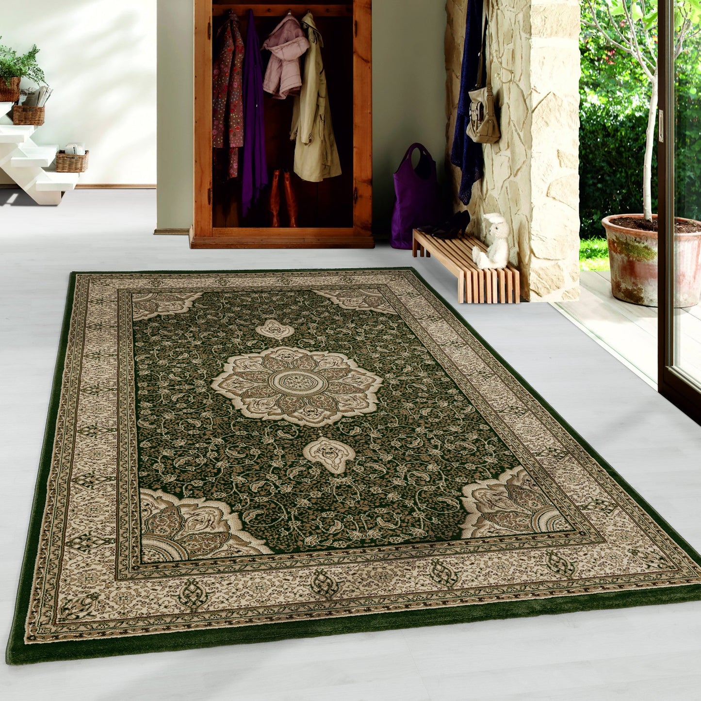 Wohnzimmer Teppich Kurzflor Design Orient Teppich Klassik Ornamente Bordüre Grün