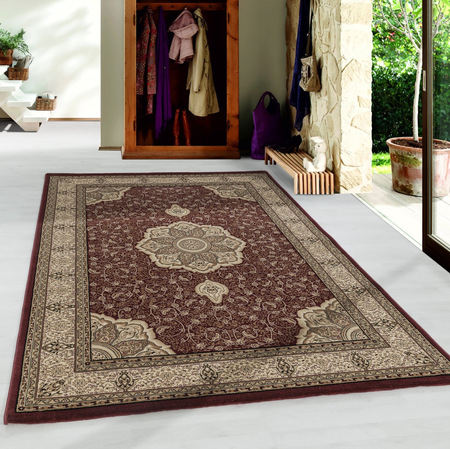 Wohnzimmer Kurzflor Teppich Design Orient Teppich Klassik Ornamente Bordüre Rot