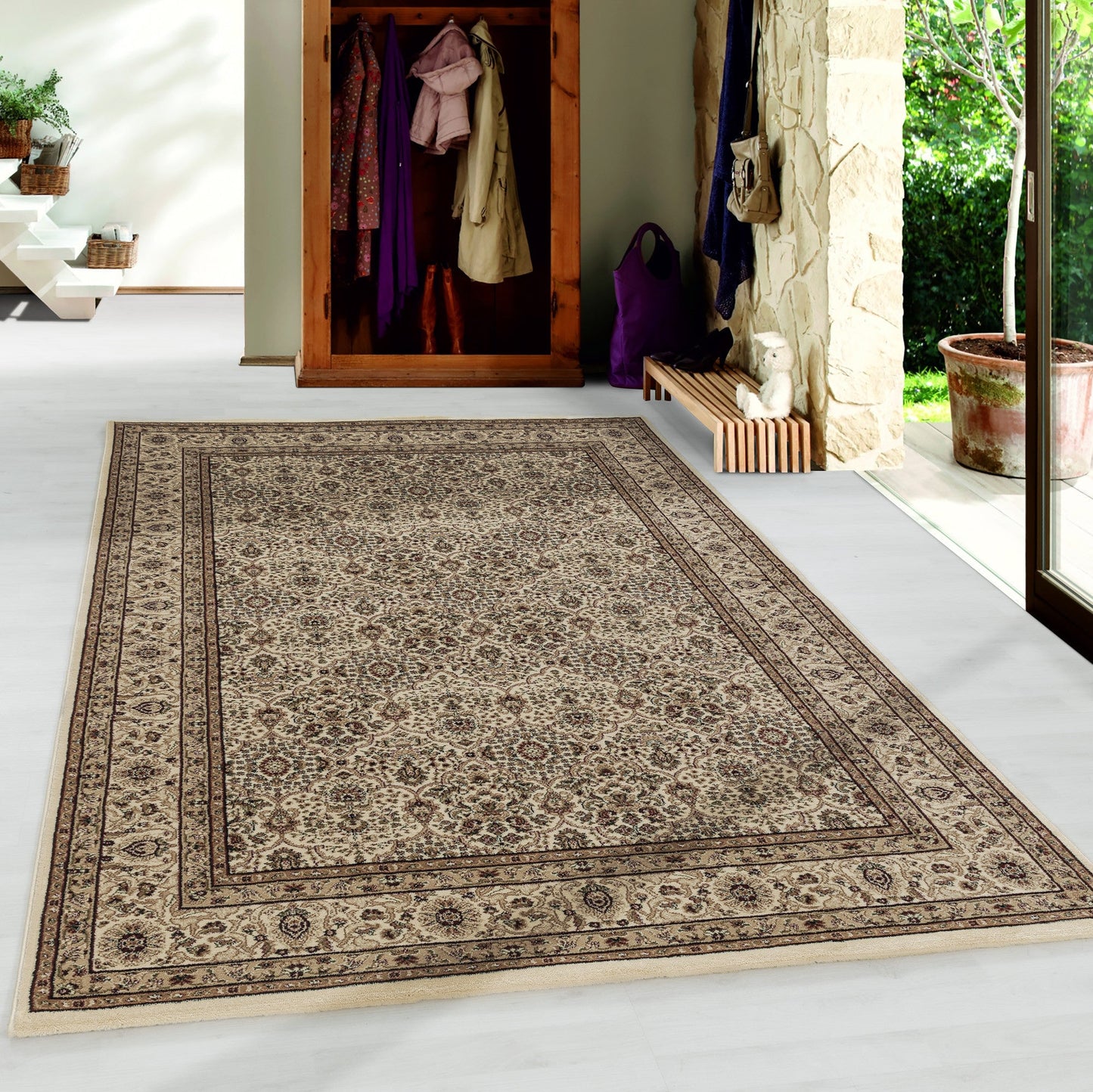 Wohnzimmer Kurzflor Teppich Design Orient Teppich Klassik Antike Ornamente Beige