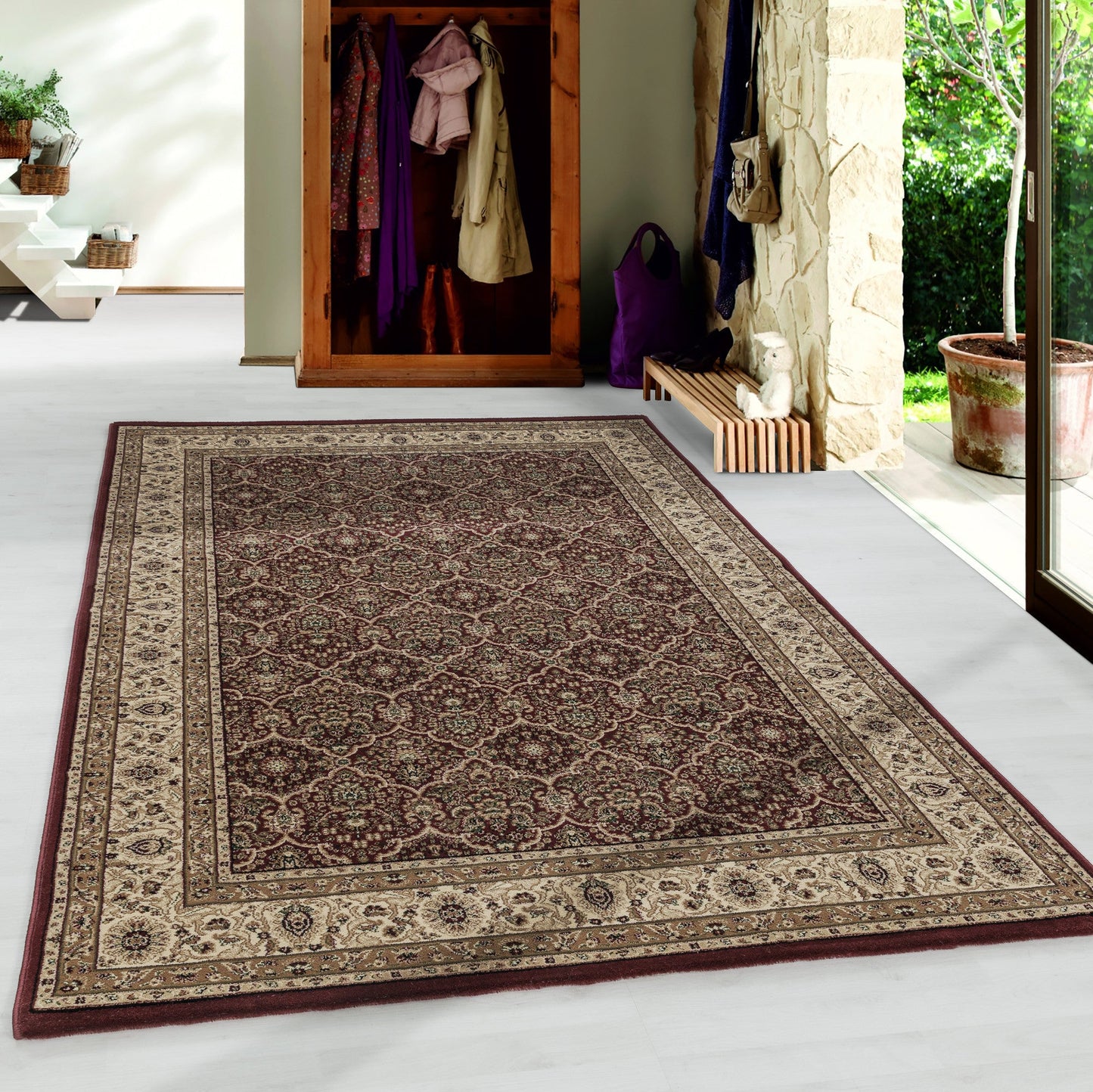 Wohnzimmer Kurzflor Teppich Design Orient Teppich Klassik Antike Ornamente Rot
