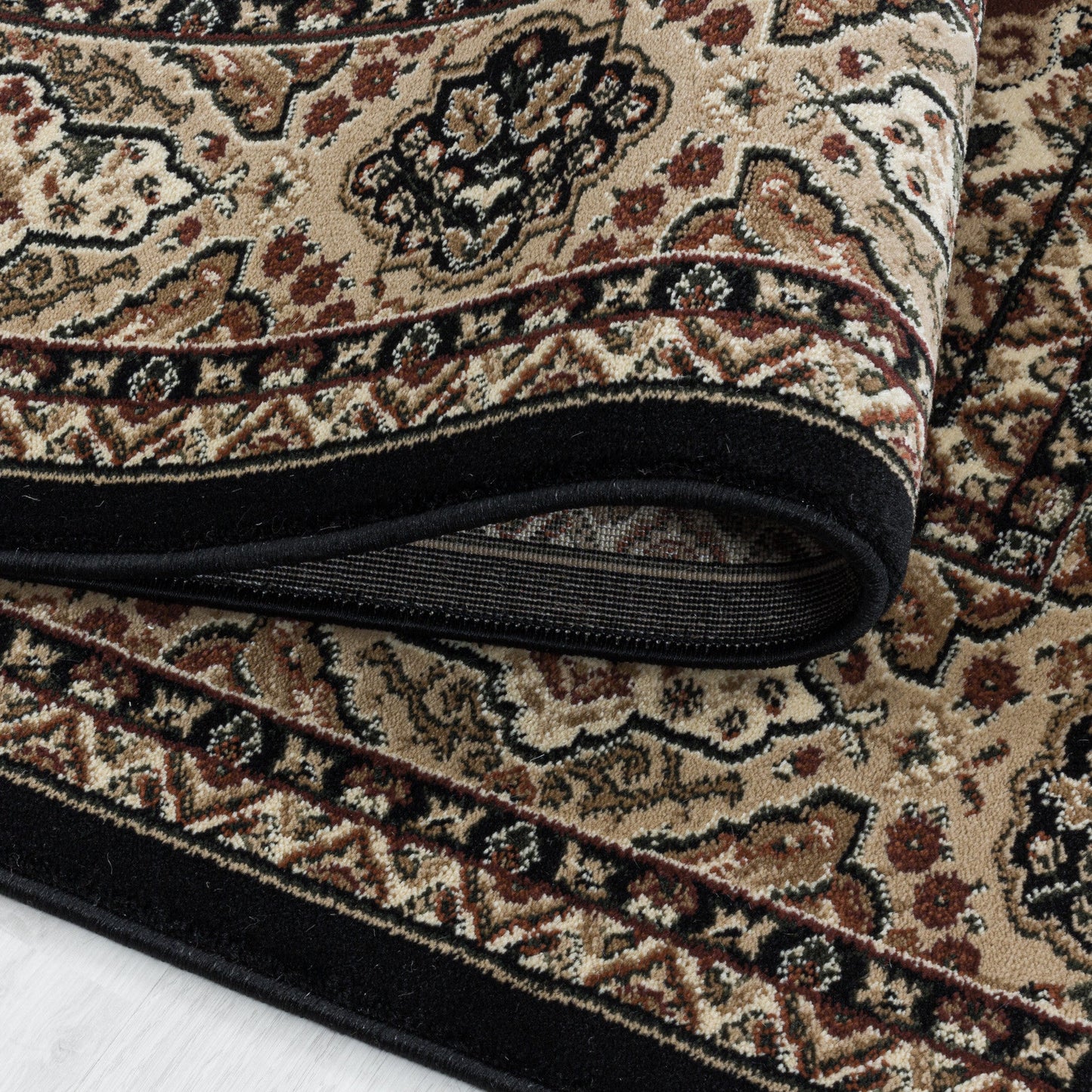 Wohnzimmer Kurzflor Teppich Design Orient Teppich Klassik Antik Ornament Schwarz