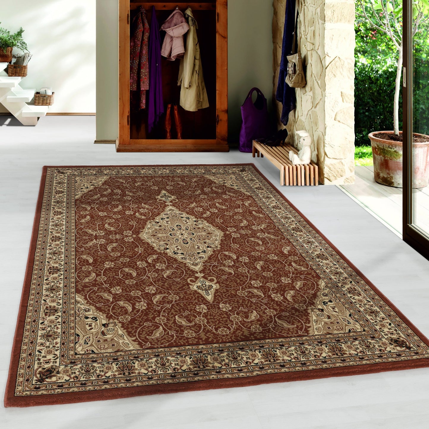 Wohnzimmer Kurzflor Teppich Design Orient Teppich Klassik Antike Bordüre Terra