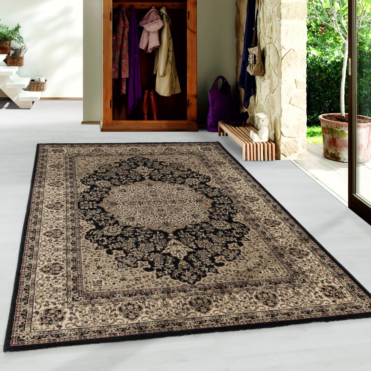 Kurzflor Teppich Klassik Design Orient Antike Nain Wohnzimmer Teppich Schwarz