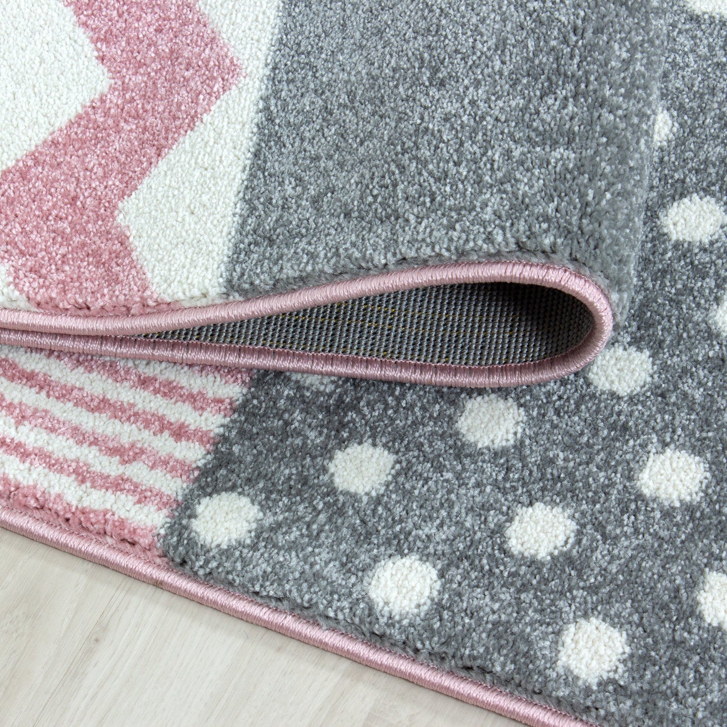 Kinderteppich Kinderzimmer kariert Wolken Sterne Herz Grau Pink Weiß