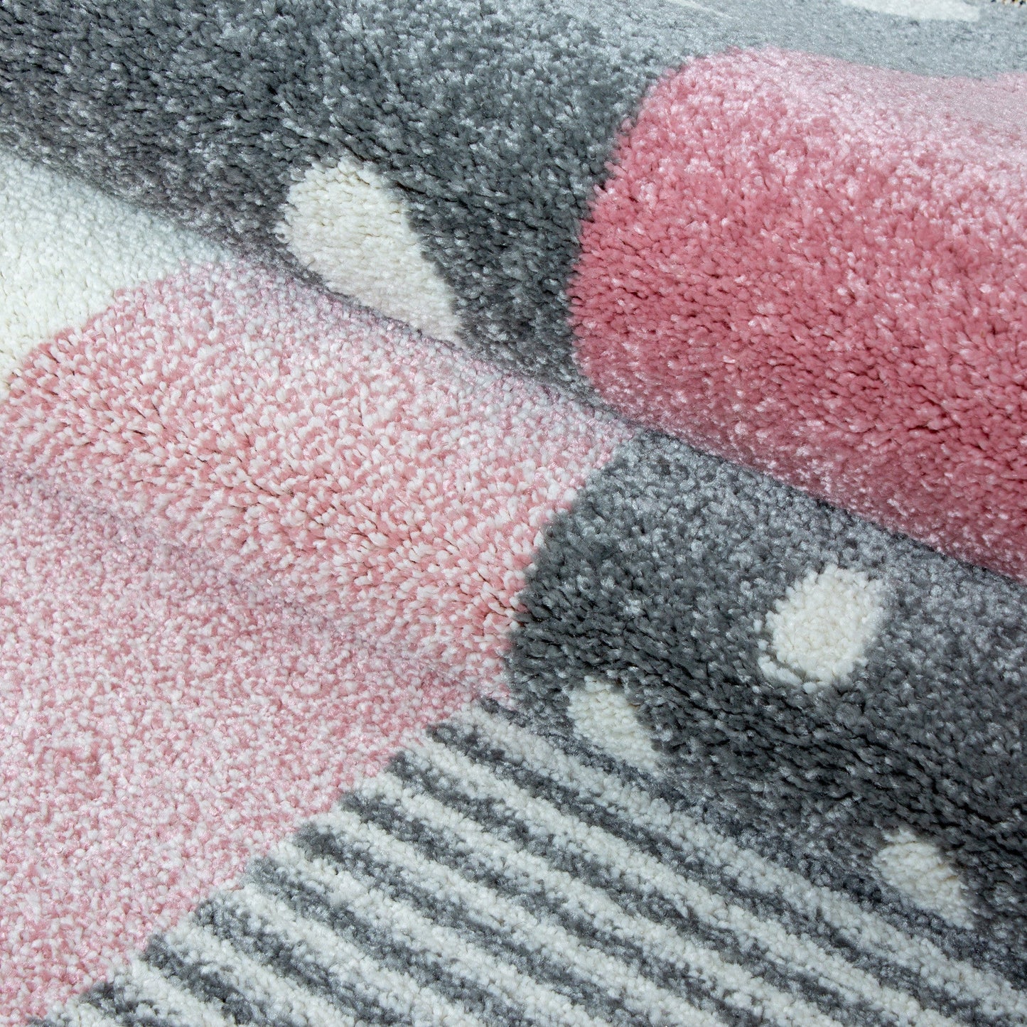 Kinderteppich Kinderzimmer kariert Wolken Sterne Herz Grau Pink Weiß