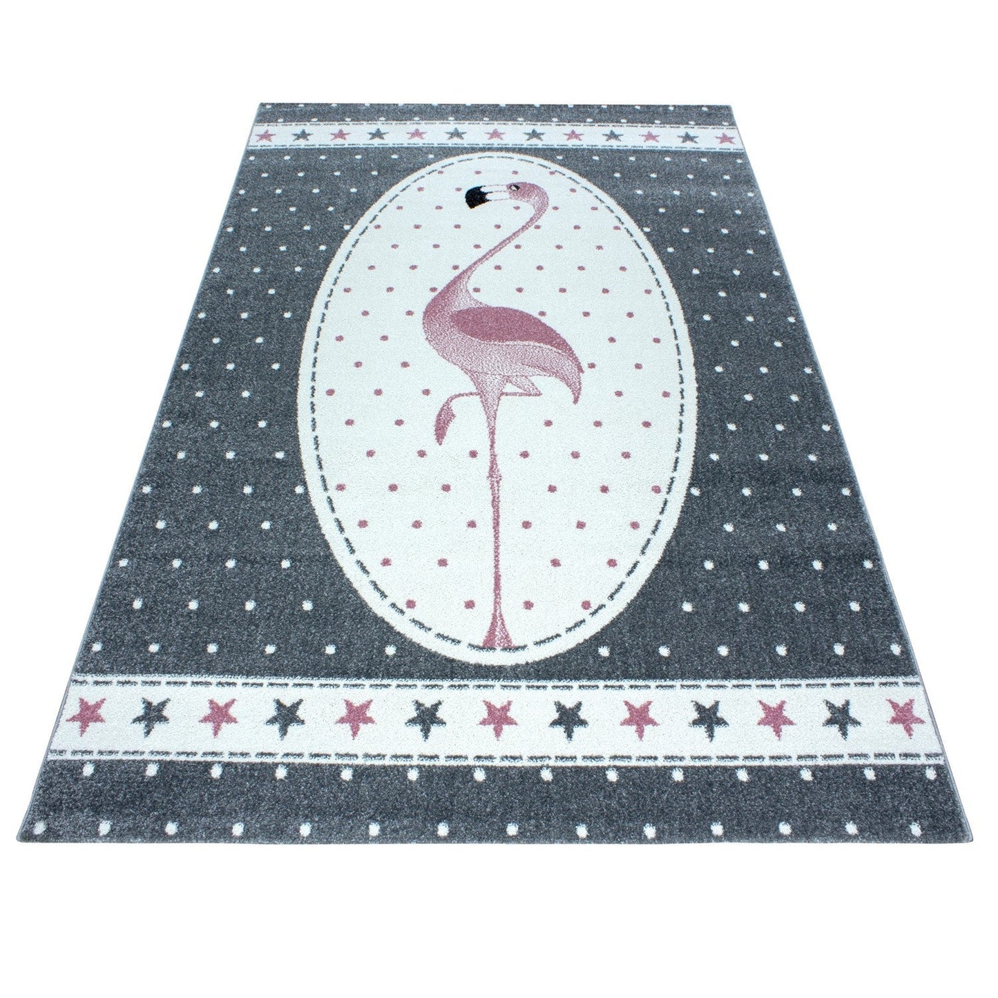 Kinderteppich Kinderzimmer Flamingo mit Sternen muster Pink Grau Weiß