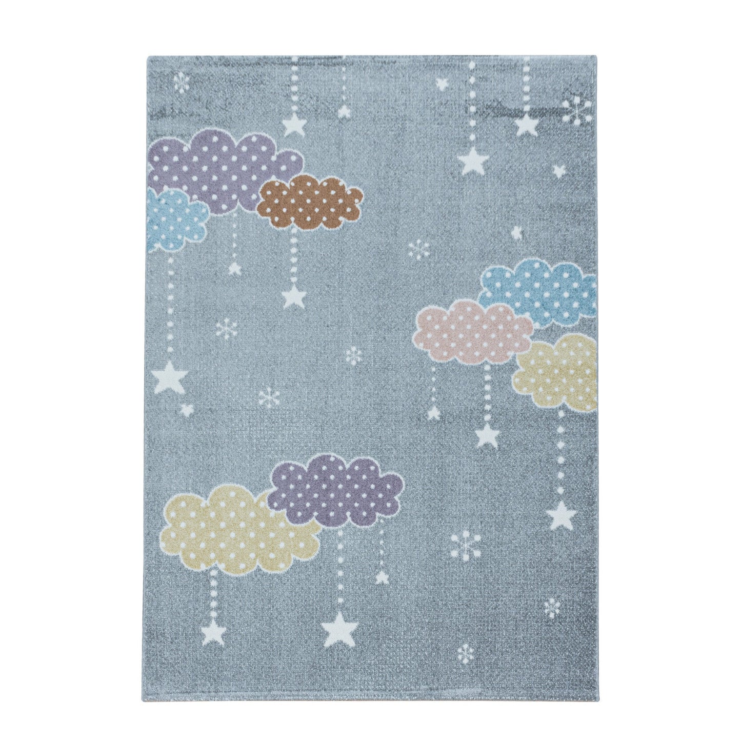 Kinderteppich Kurzflor Teppich Kinderzimmer Bunte Wolken Sterne Weich Grau