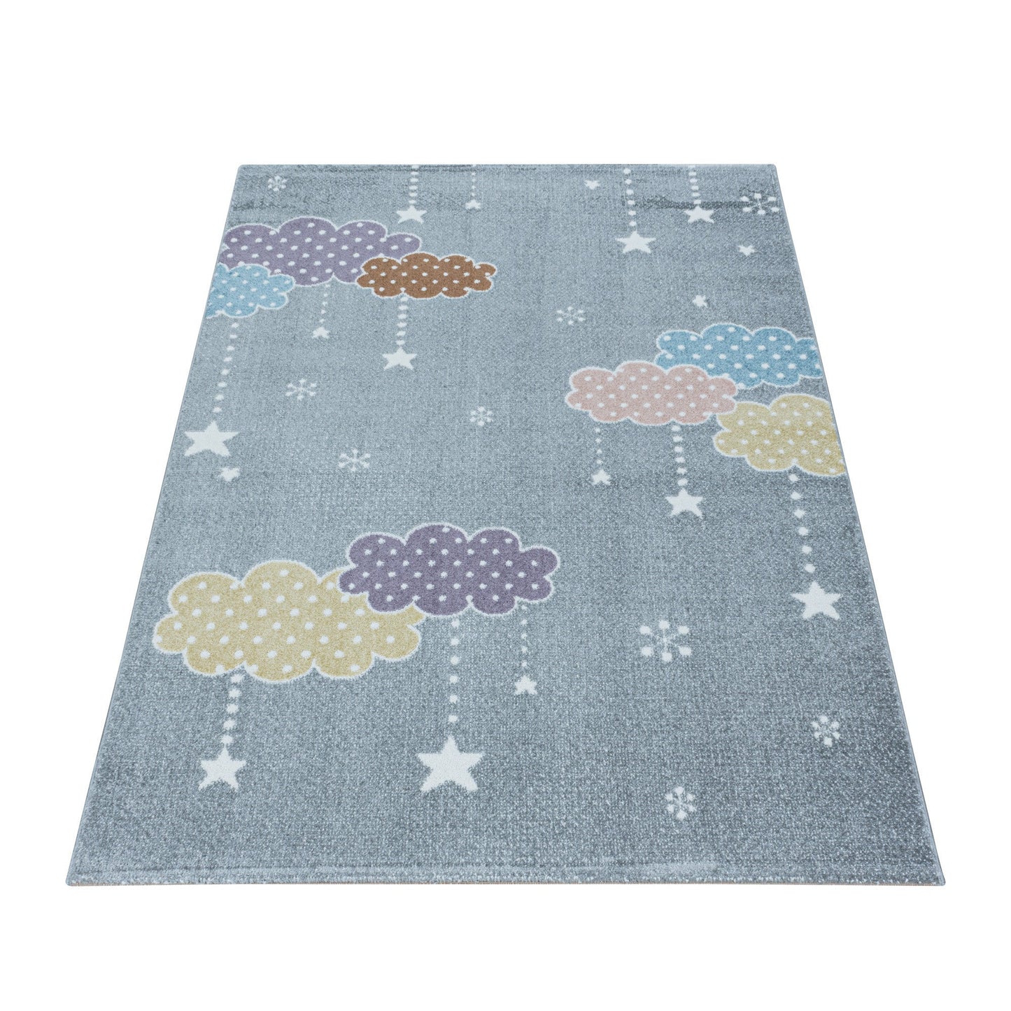 Kinderteppich Kurzflor Teppich Kinderzimmer Bunte Wolken Sterne Weich Grau