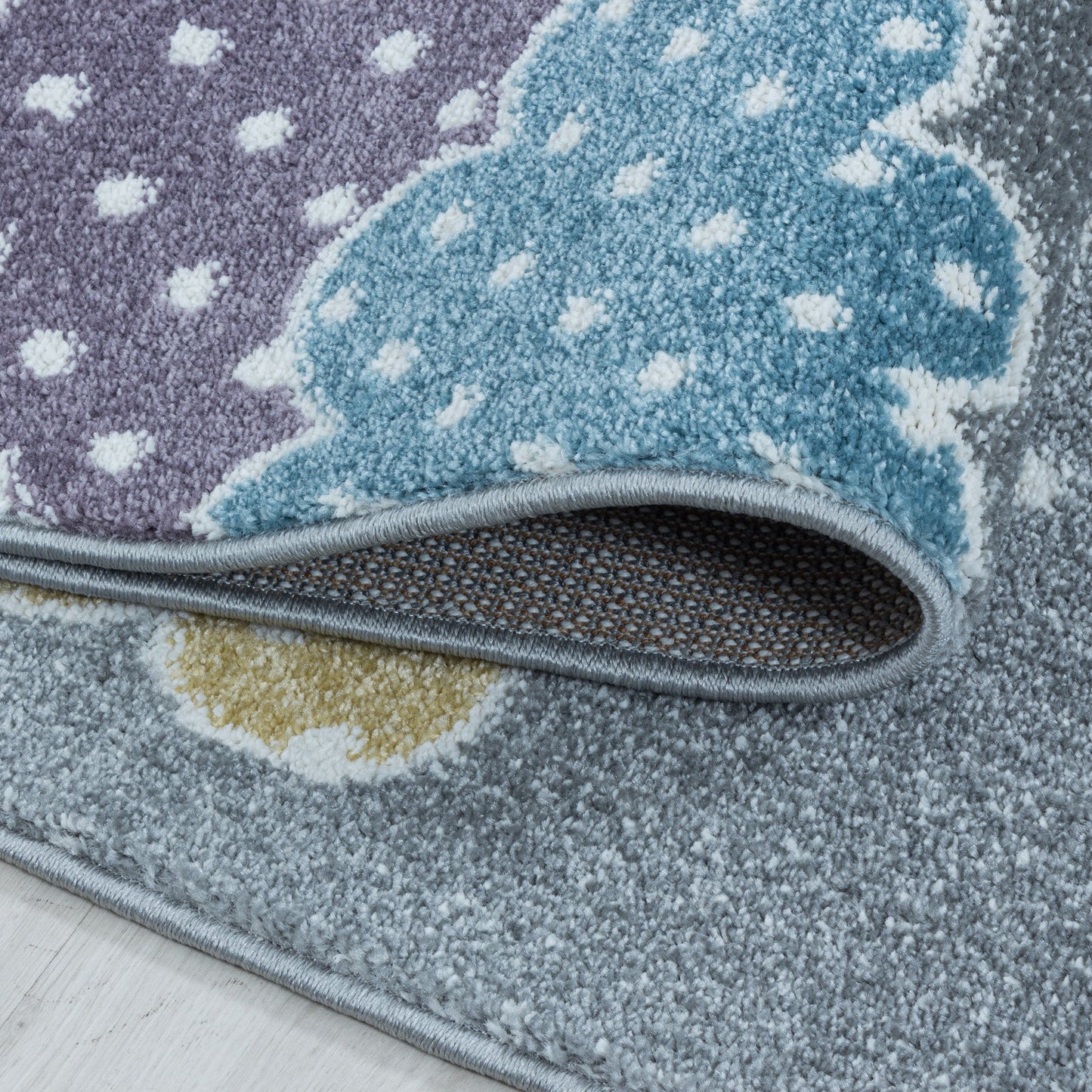 Kinderteppich Kurzflor Teppich Kinderzimmer Bunte Wolken Sterne Weich Grau