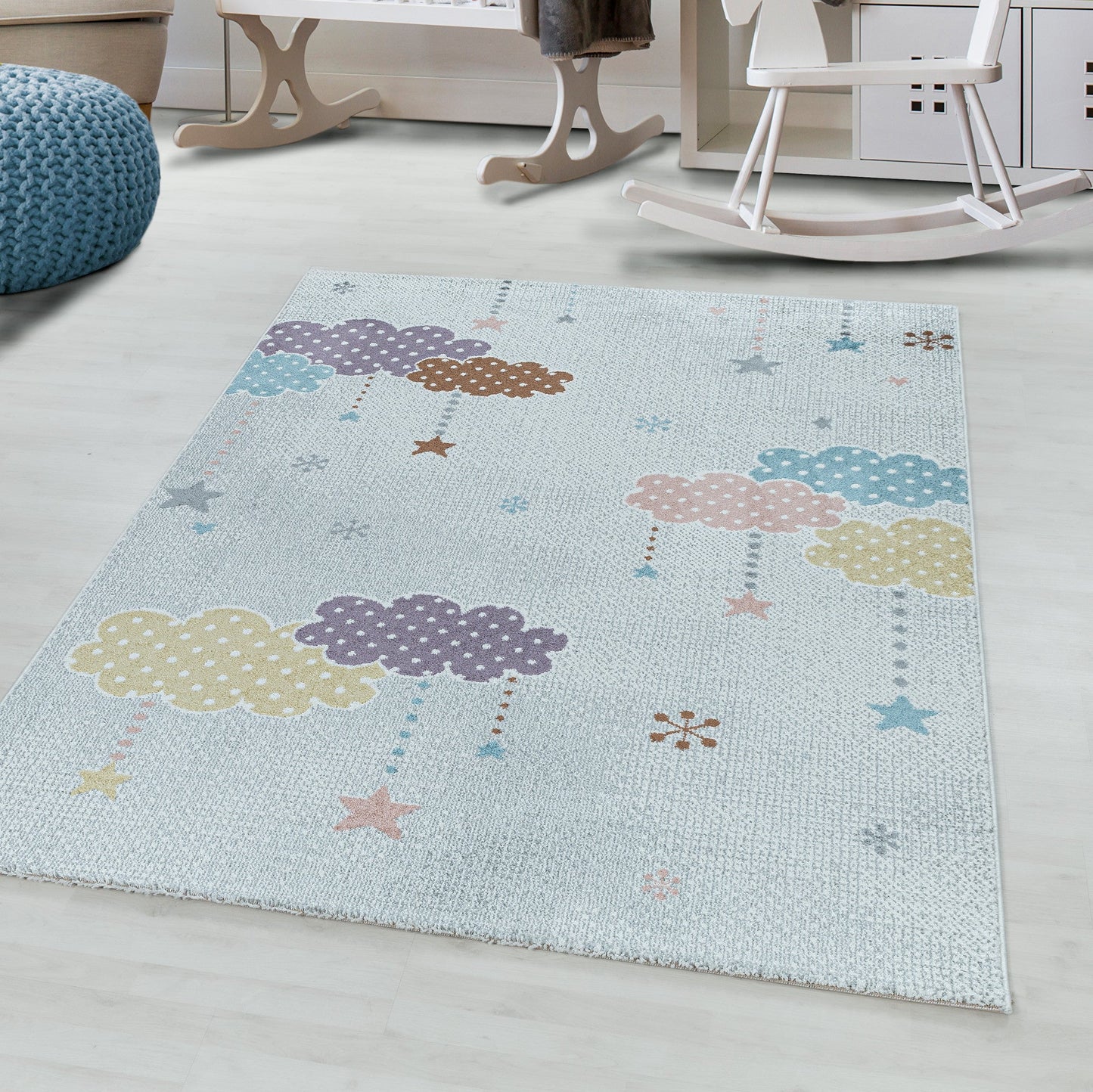 Kinderteppich Kurzflor Teppich Kinderzimmer Bunte Wolken Sterne Weich Weiss