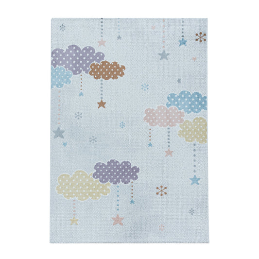 Kinderteppich Kurzflor Teppich Kinderzimmer Bunte Wolken Sterne Weich Weiss