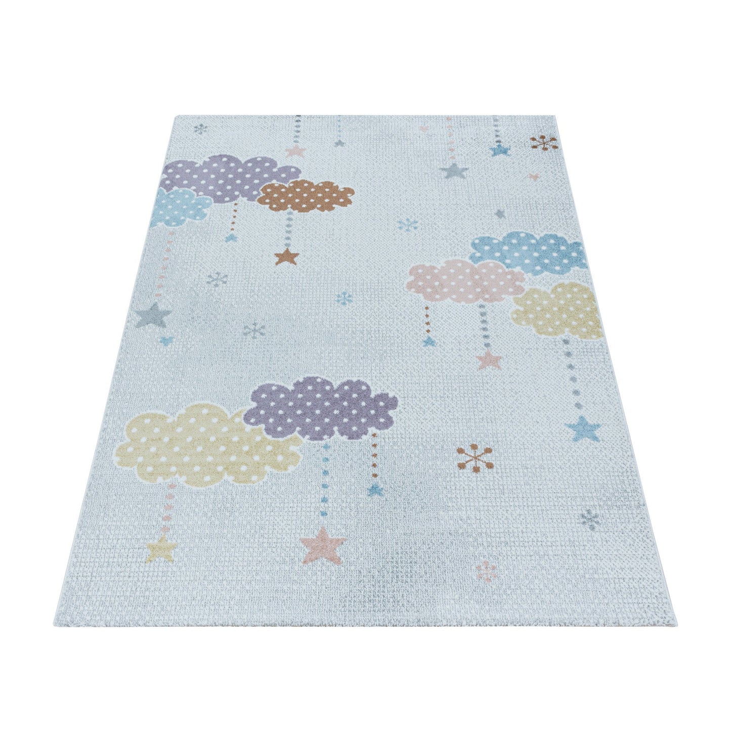 Kinderteppich Kurzflor Teppich Kinderzimmer Bunte Wolken Sterne Weich Weiss