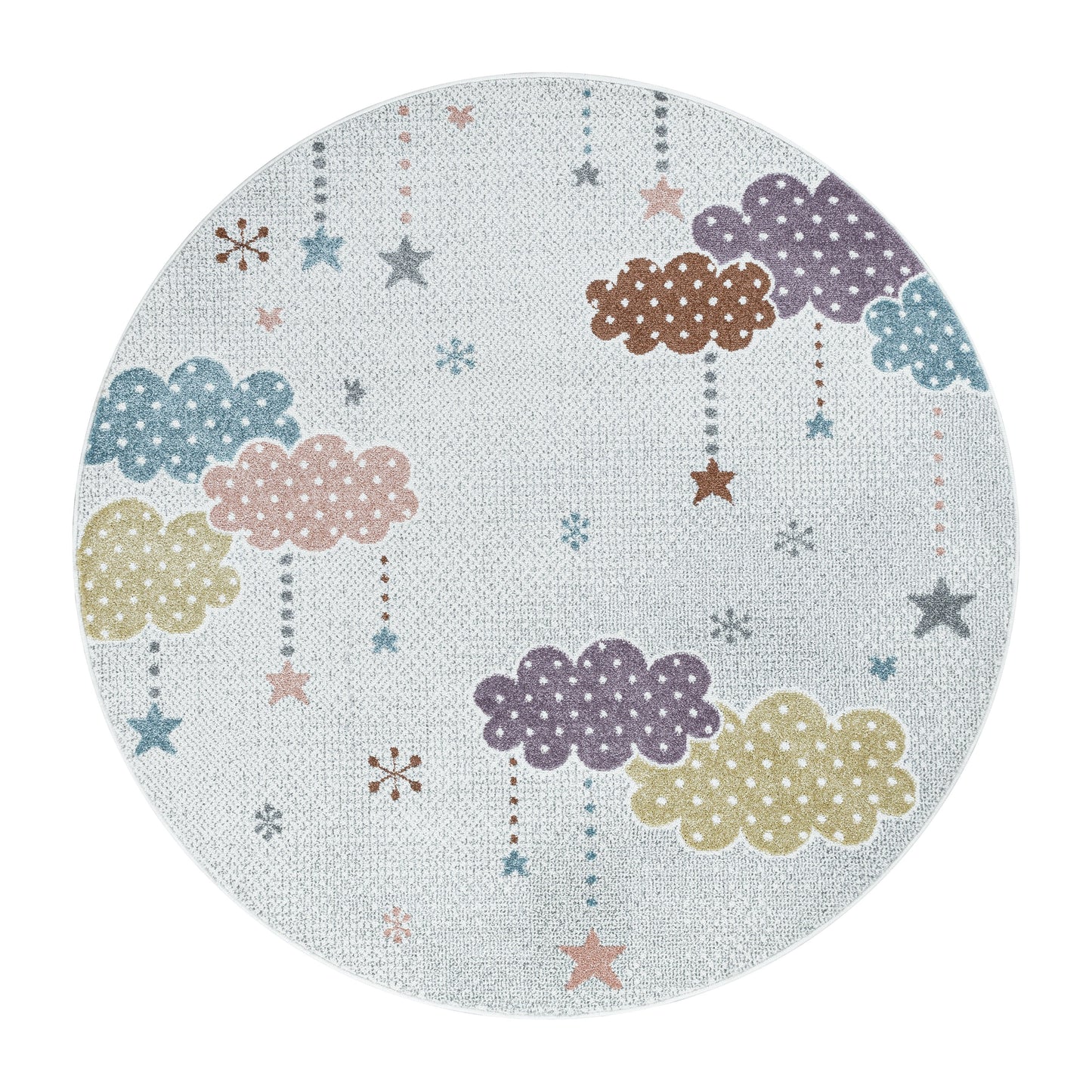 Kinderteppich Kurzflor Teppich Kinderzimmer Bunte Wolken Sterne Weich Weiss