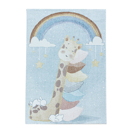 Kinderteppich Kurzflor Teppich Kinderzimmer Regenbogen Giraffe Weich Blau