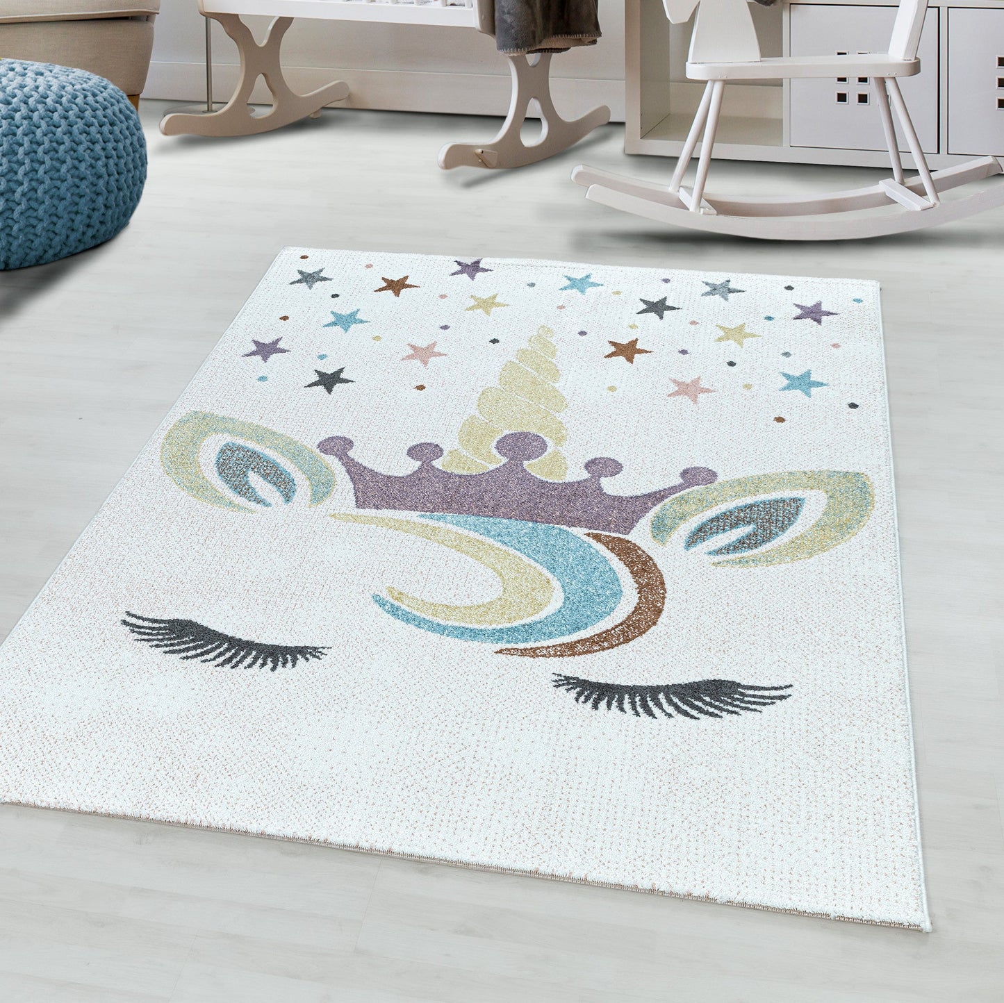 Kinderteppich Kurzflor Teppich Kinderzimmer Einhorn Bunte Sterne Krone Weiss