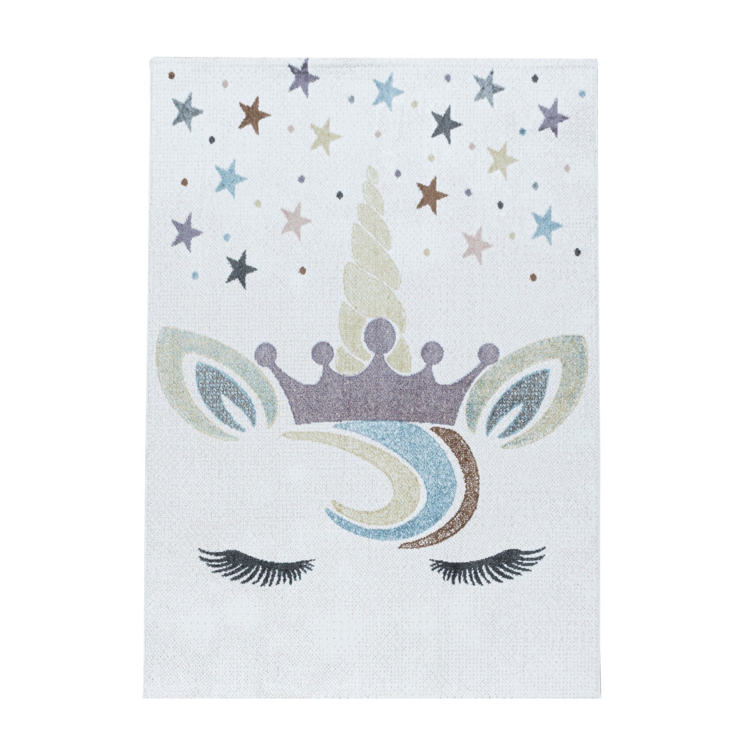 Kinderteppich Kurzflor Teppich Kinderzimmer Einhorn Bunte Sterne Krone Weiss