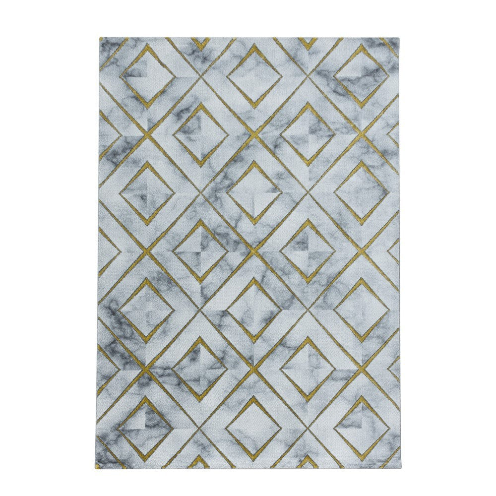 Wohnzimmerteppich Kurzflor Teppich Design Marmoriert Rauten Karo Gold