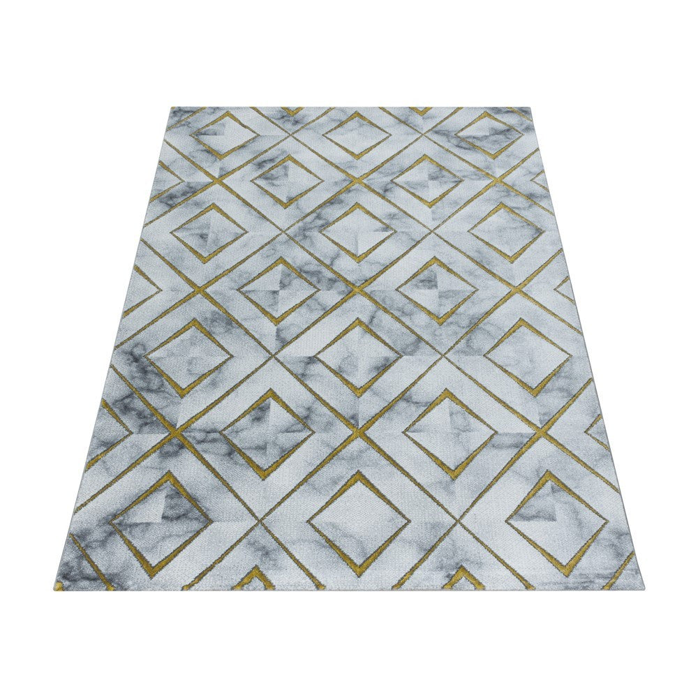 Wohnzimmerteppich Kurzflor Teppich Design Marmoriert Rauten Karo Gold