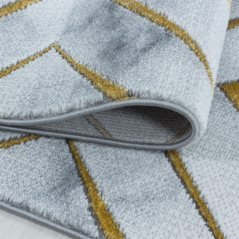 Wohnzimmerteppich Kurzflor Teppich Design Marmoriert Rauten Karo Gold