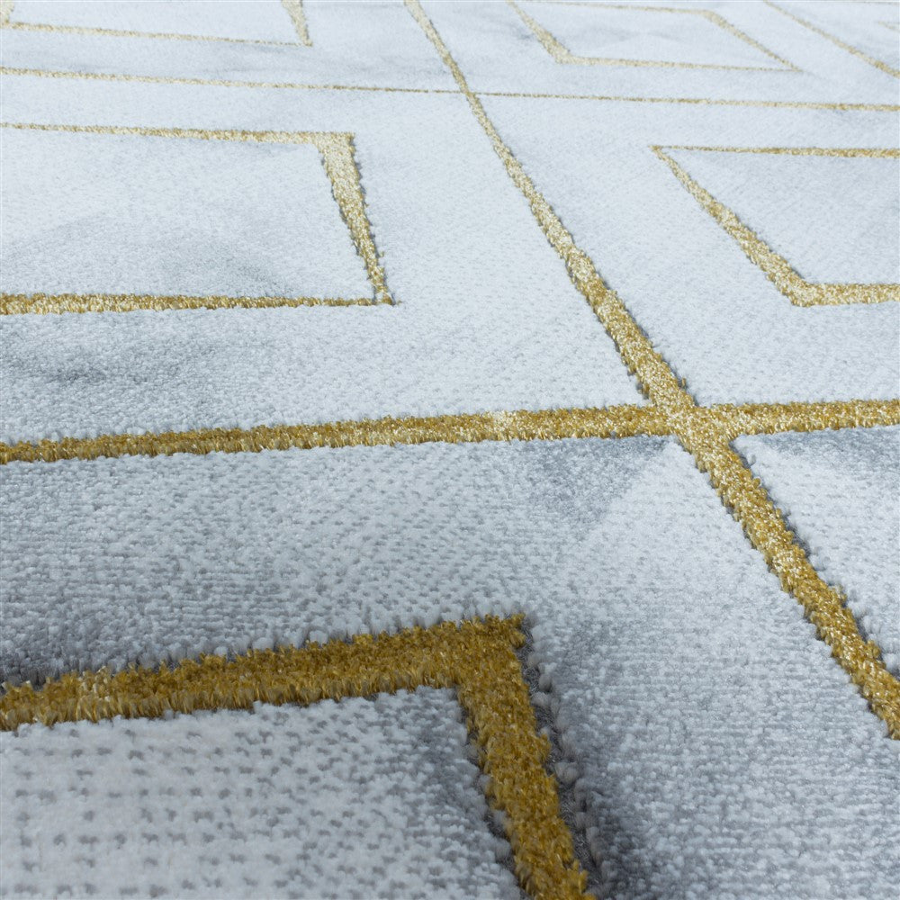 Wohnzimmerteppich Kurzflor Teppich Design Marmoriert Rauten Karo Gold