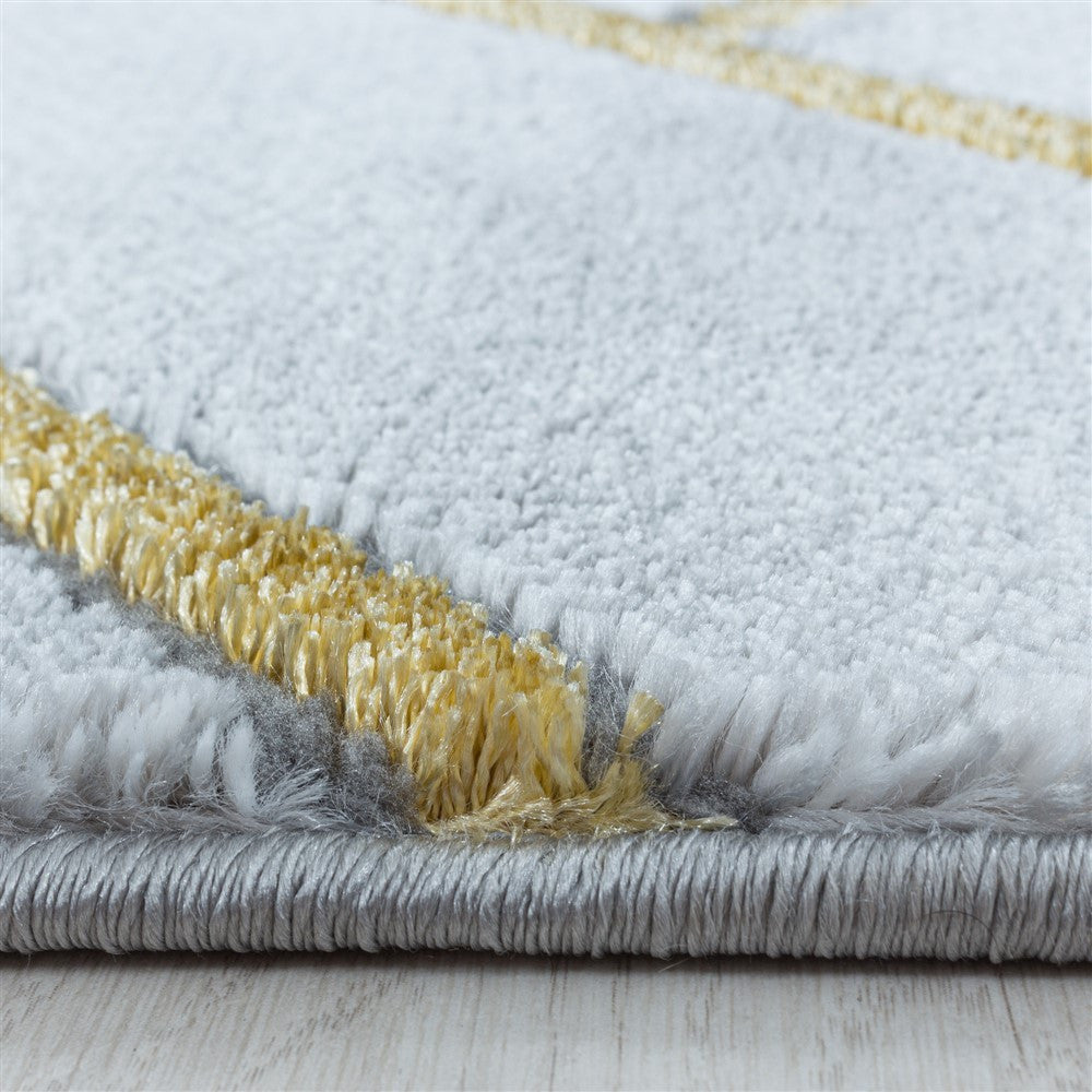 Wohnzimmerteppich Kurzflor Teppich Muster Marmoriert Linien Karo Gold