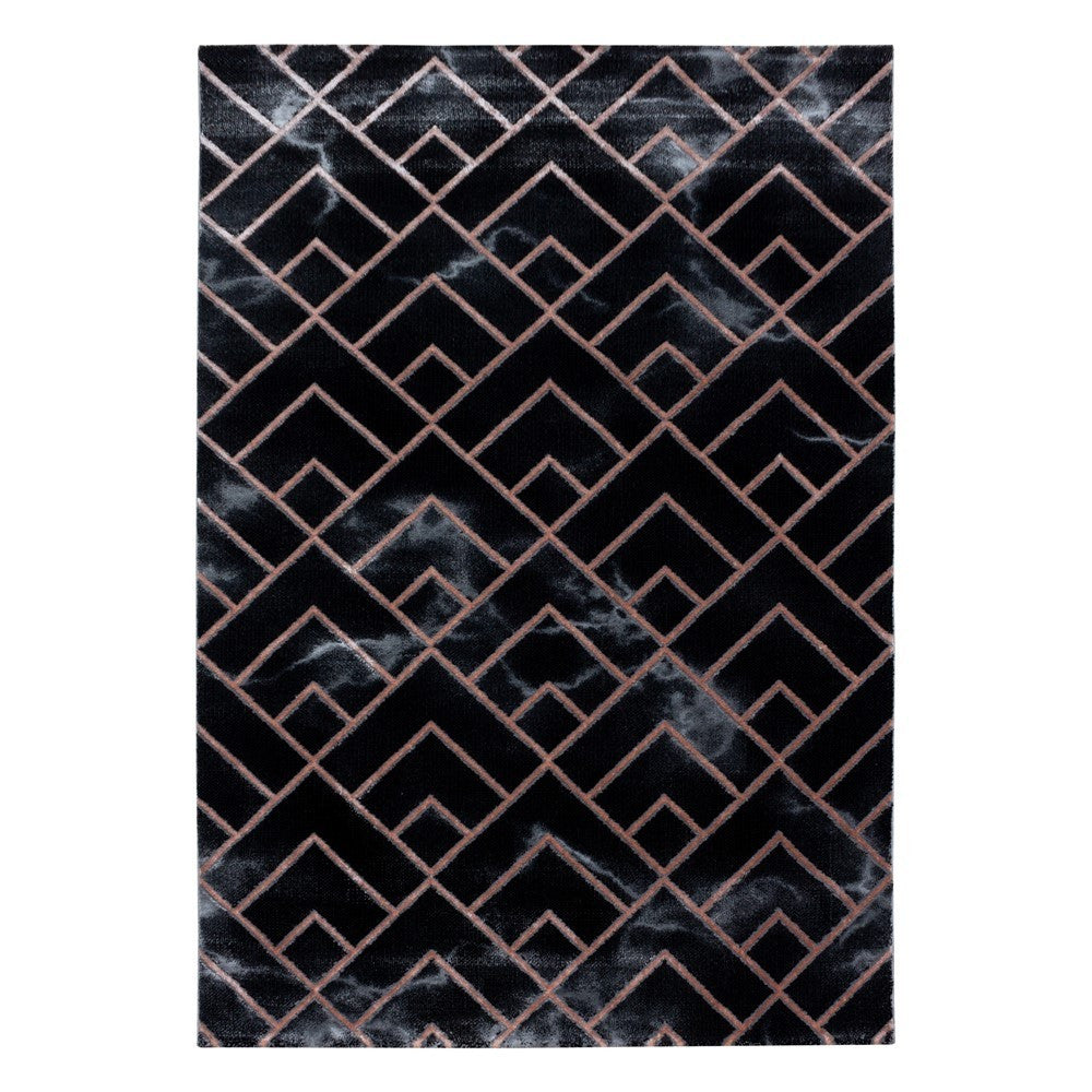 Wohnzimmerteppich Kurzflor Teppich Dunkel Marmoriert Linien Karo Bronze