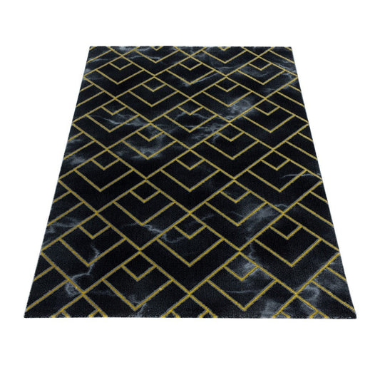 Wohnzimmerteppich Kurzflor Teppich Dunkel Marmoriert Linien Karo Gold