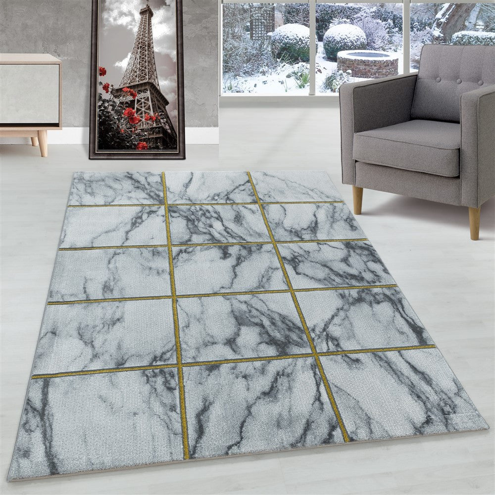 Wohnzimmerteppich Kurzflor Teppich Vierecke Design Marmoriert Gold