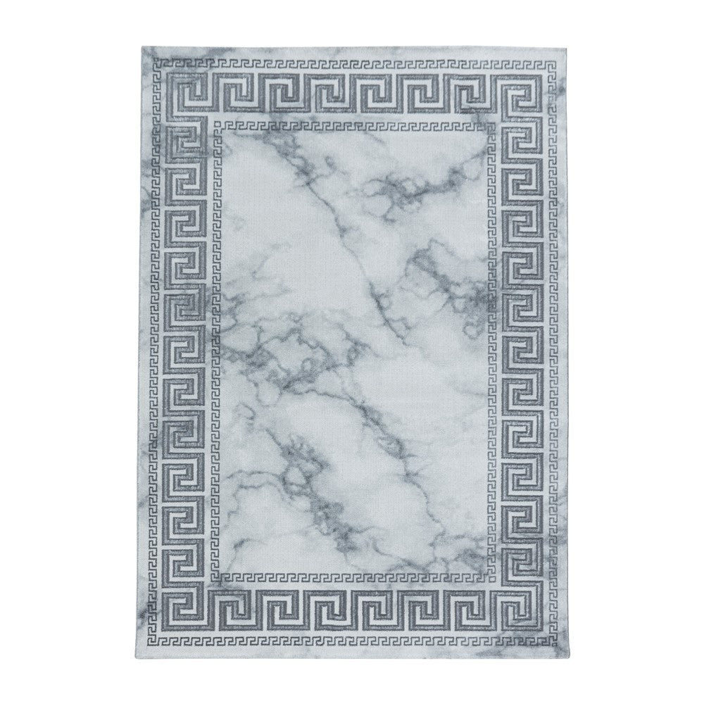 Wohnzimmerteppich Kurzflor Teppich Marmor Design Bordüre Antik Silber