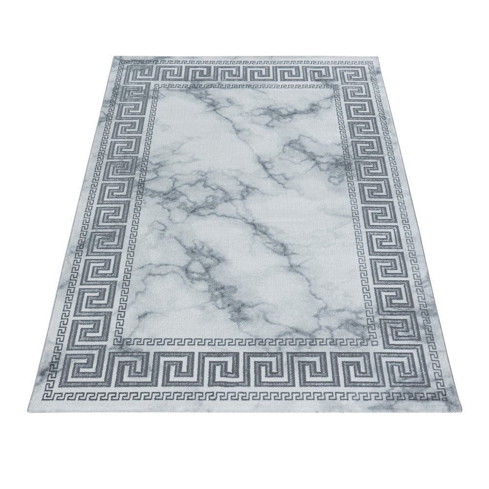 Wohnzimmerteppich Kurzflor Teppich Marmor Design Bordüre Antik Silber