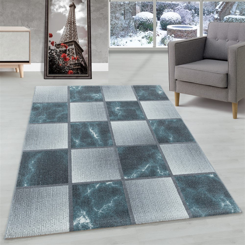 Wohnzimmerteppich Kurzflor Teppich Blau Grau Quadrat Muster Marmoriert Weich