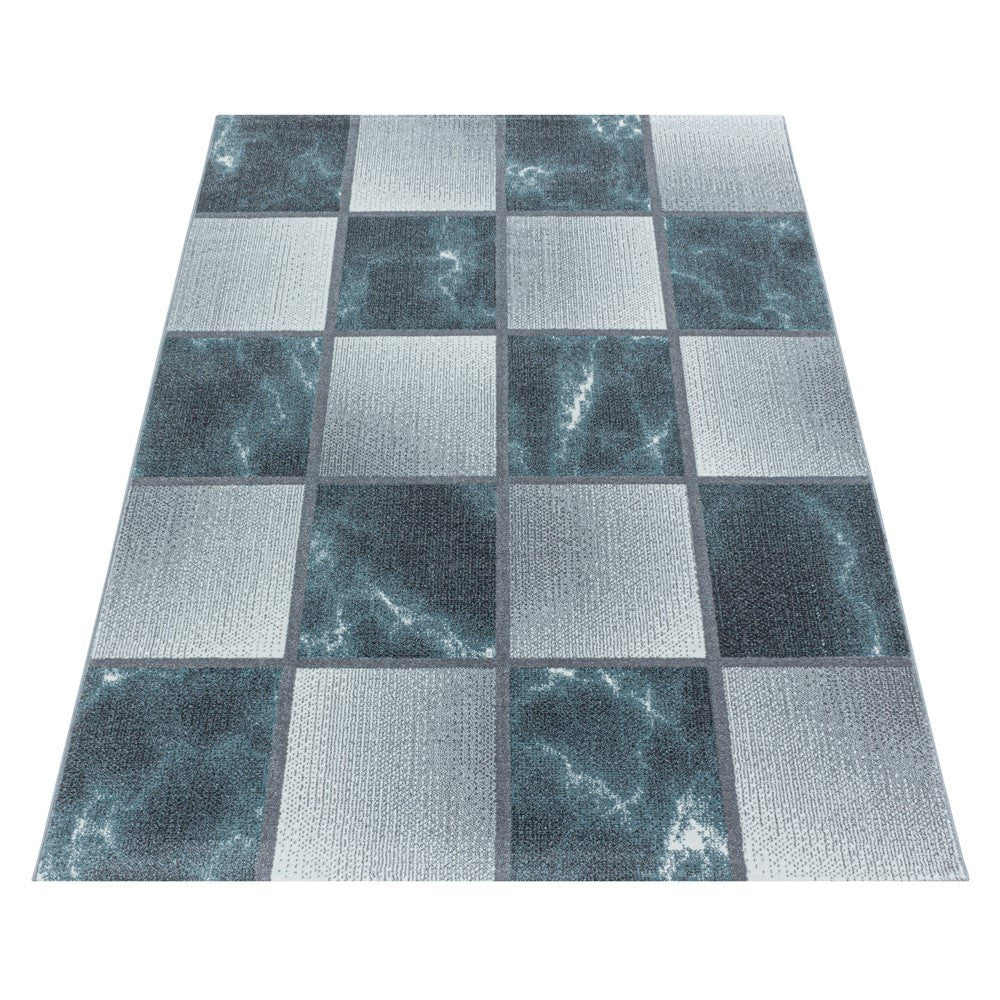 Wohnzimmerteppich Kurzflor Teppich Blau Grau Quadrat Muster Marmoriert Weich