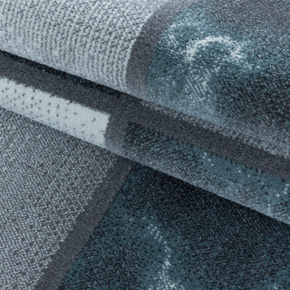 Wohnzimmerteppich Kurzflor Teppich Blau Grau Quadrat Muster Marmoriert Weich