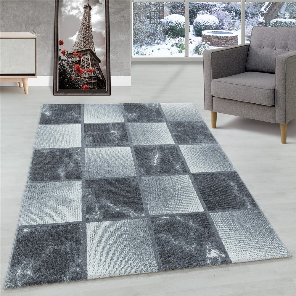 Wohnzimmerteppich Kurzflor Teppich Grau Hellgrau Quadrat Muster Marmor – Evimcarpet