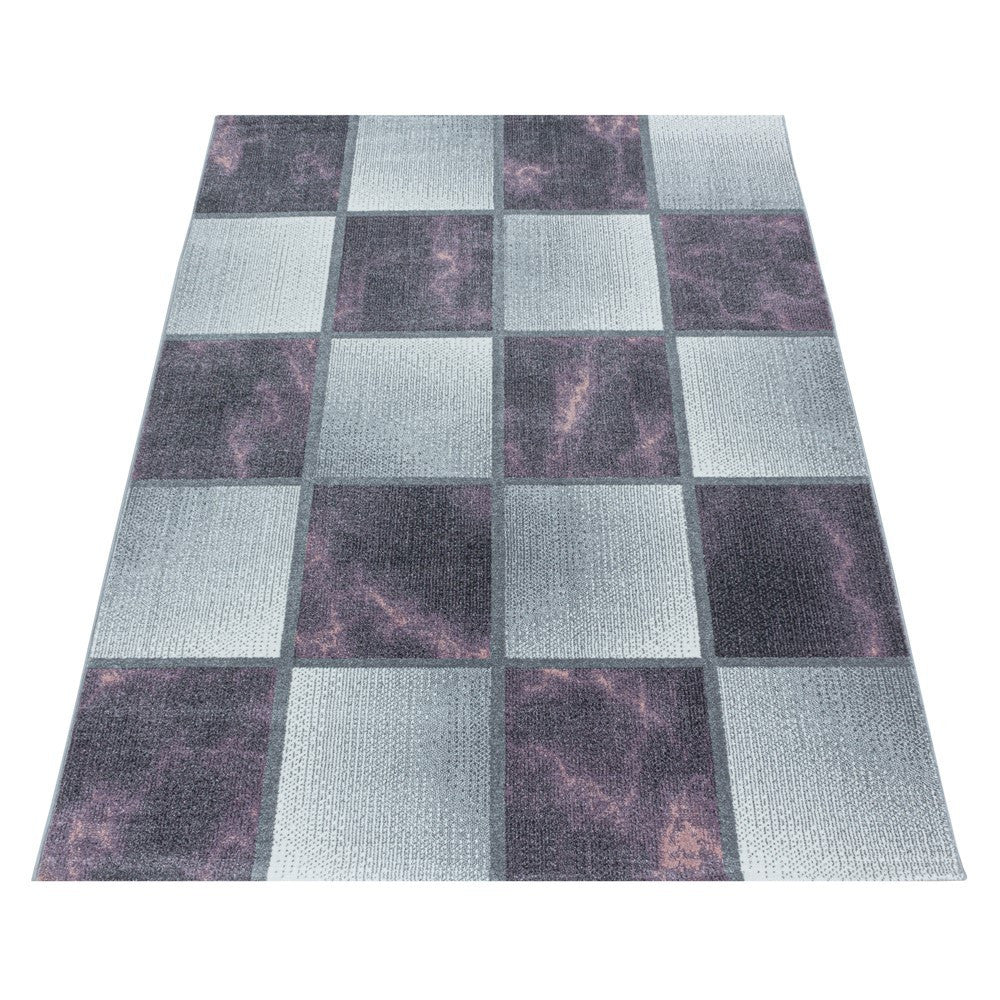 Wohnzimmerteppich Kurzflor Teppich Lila Grau Quadrat Muster Marmoriert Weich