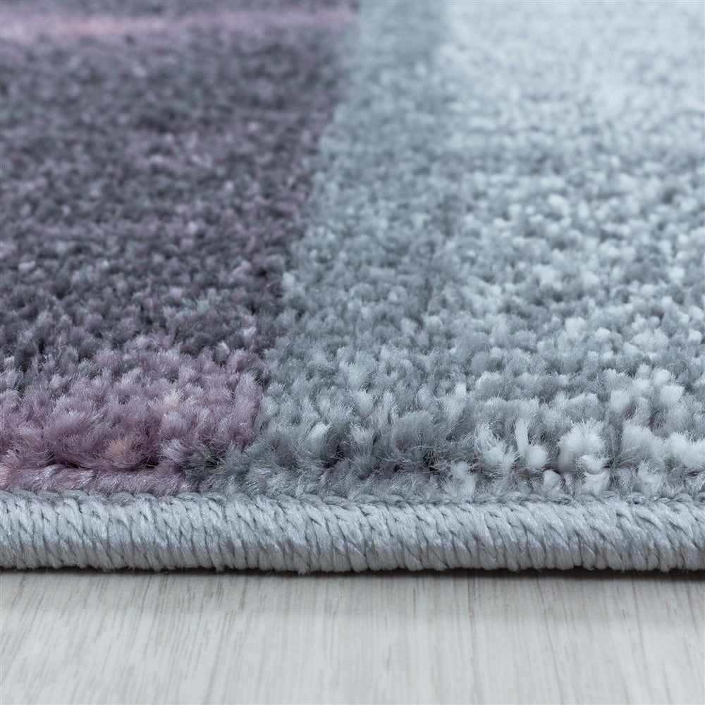 Wohnzimmerteppich Kurzflor Teppich Lila Grau Quadrat Muster Marmoriert Weich