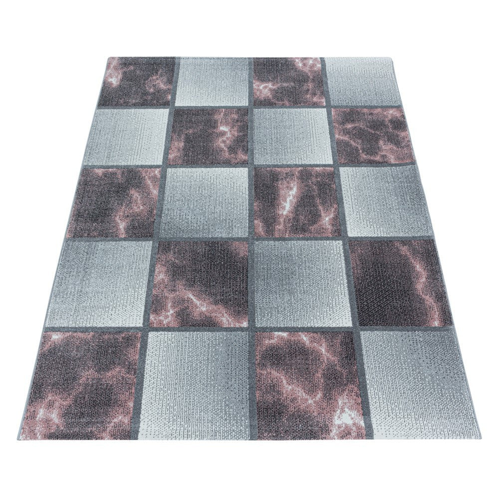 Wohnzimmerteppich Kurzflor Teppich Rosa Grau Quadrat Muster Marmoriert Weich