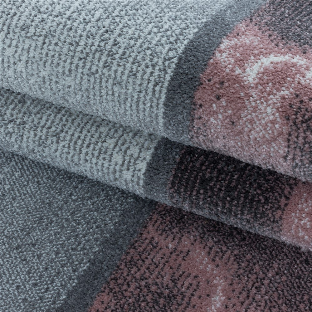 Wohnzimmerteppich Kurzflor Teppich Rosa Grau Quadrat Muster Marmoriert Weich