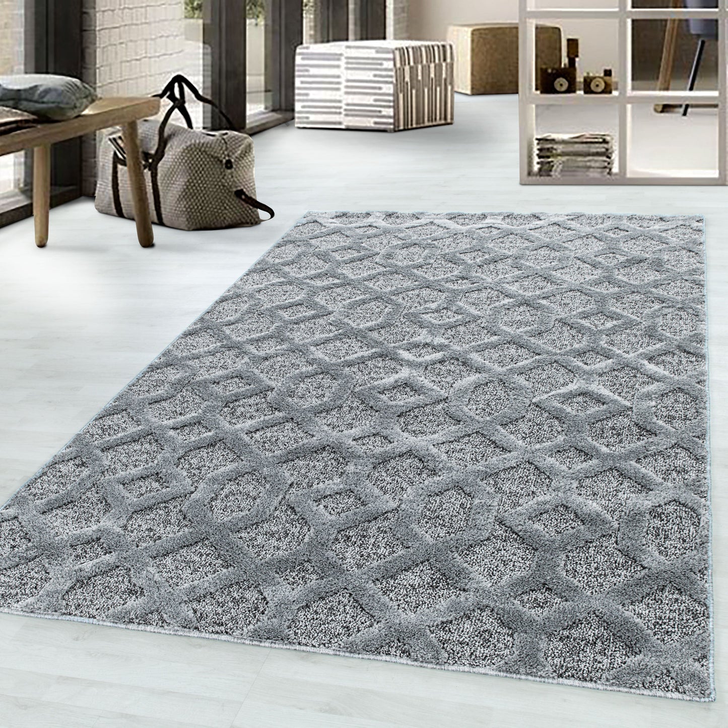 Kurzflor Design Teppich MIA Looped Flor 3-D Gitter Muster Abstrakt