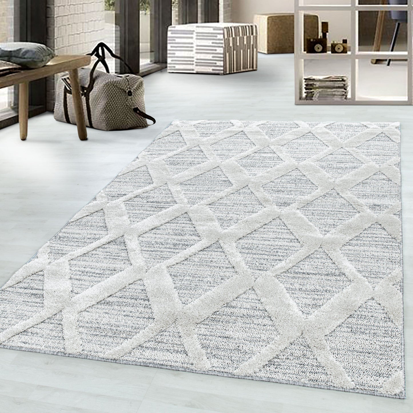 Kurzflor Design Teppich MIA Looped Flor 3-D Rauten Gitter Muster Abstrakt